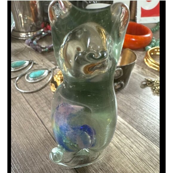 Fenton Stylized Art Glass Cat Figurine 5" Handcrafted Siamese With Colorful Swir - Picture 4 of 5